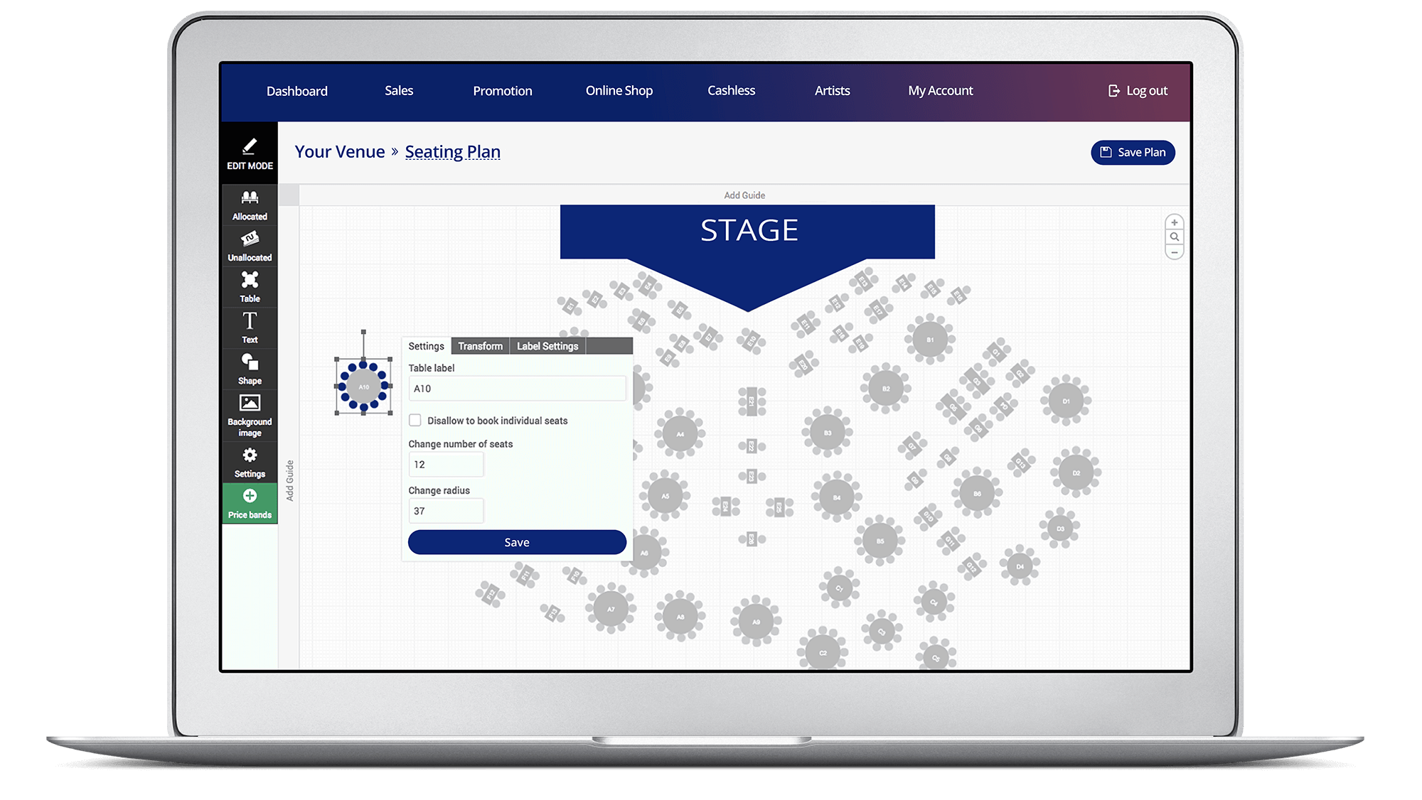 Venue seating plan created with the Nutickets reserved seating software